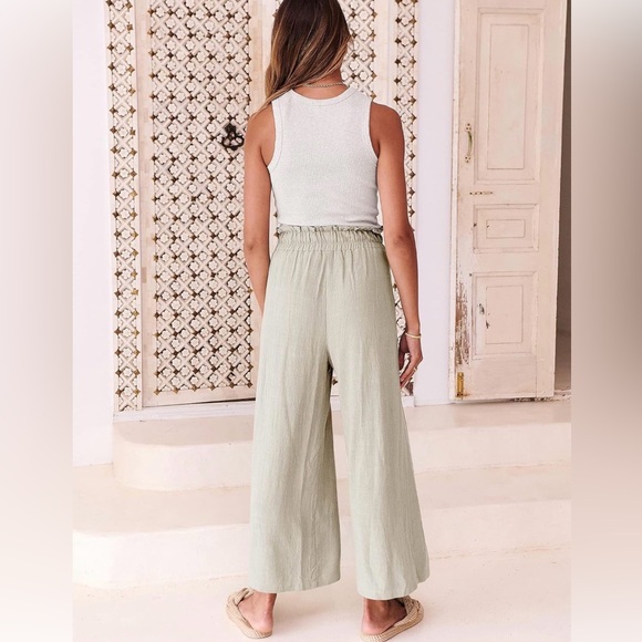 Khaki Wide-Leg Linen Pants - Picture 2 of 2